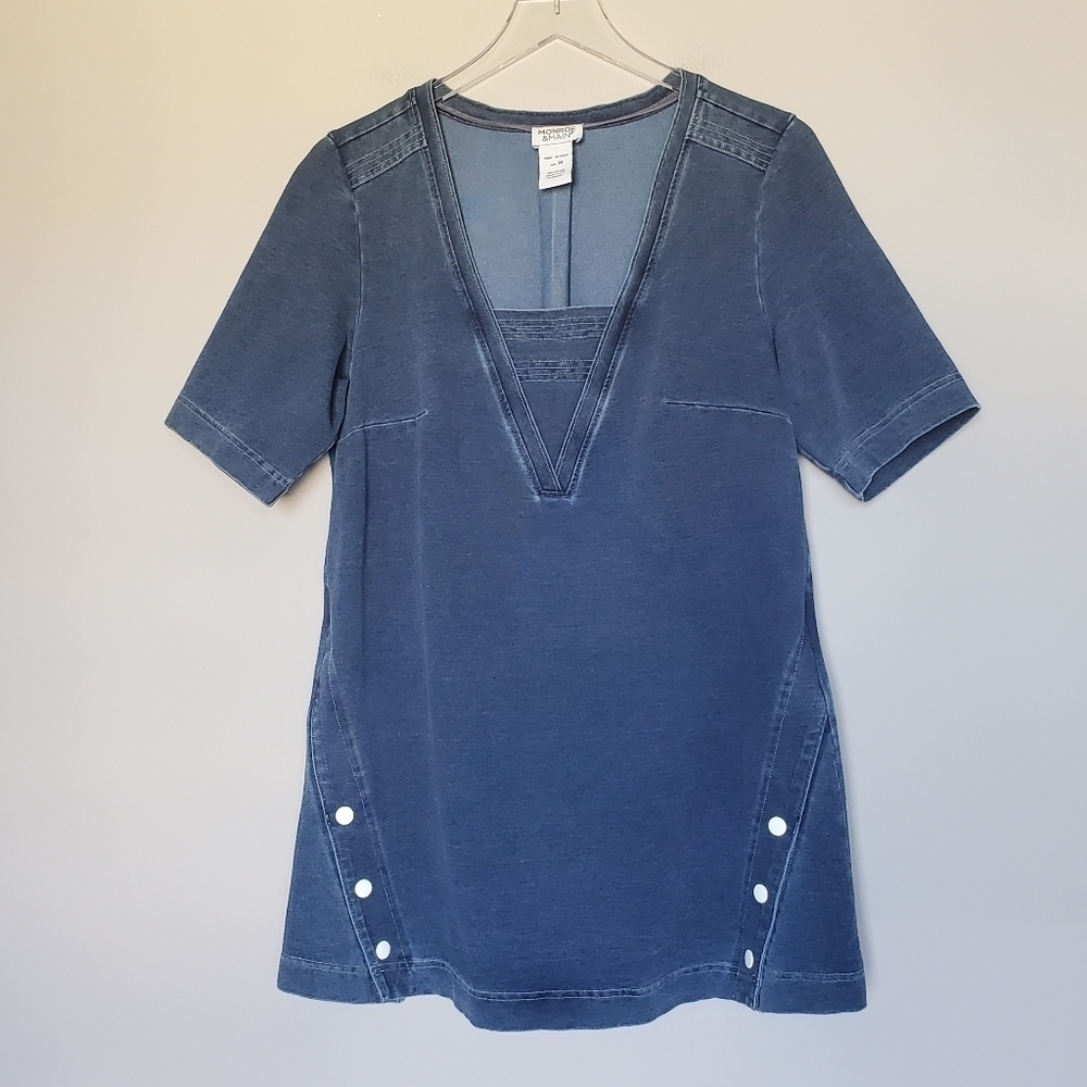 Monroe & Main V-Neck Mini Tunic Dress Short Sleeves Blue Womens Medium